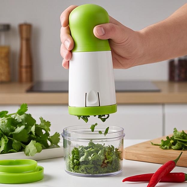 Manual Herb Mill Chopper Cutter with Stainless Steel Blades for Cilantro Chili Coarse Spices - Compact 17cm Kitchen Tool for Home Cooking