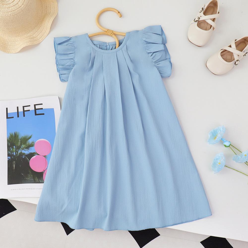 Girls' Small Flying Sleeve Dress 2026 Summer New Style Girls Solid Color Fungus Edge Skirt