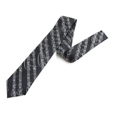 [CUFFSMANIA] Black Background with White Musical Score Design. Stylish, Fashionable, Monochrome, Comic-style Tie.