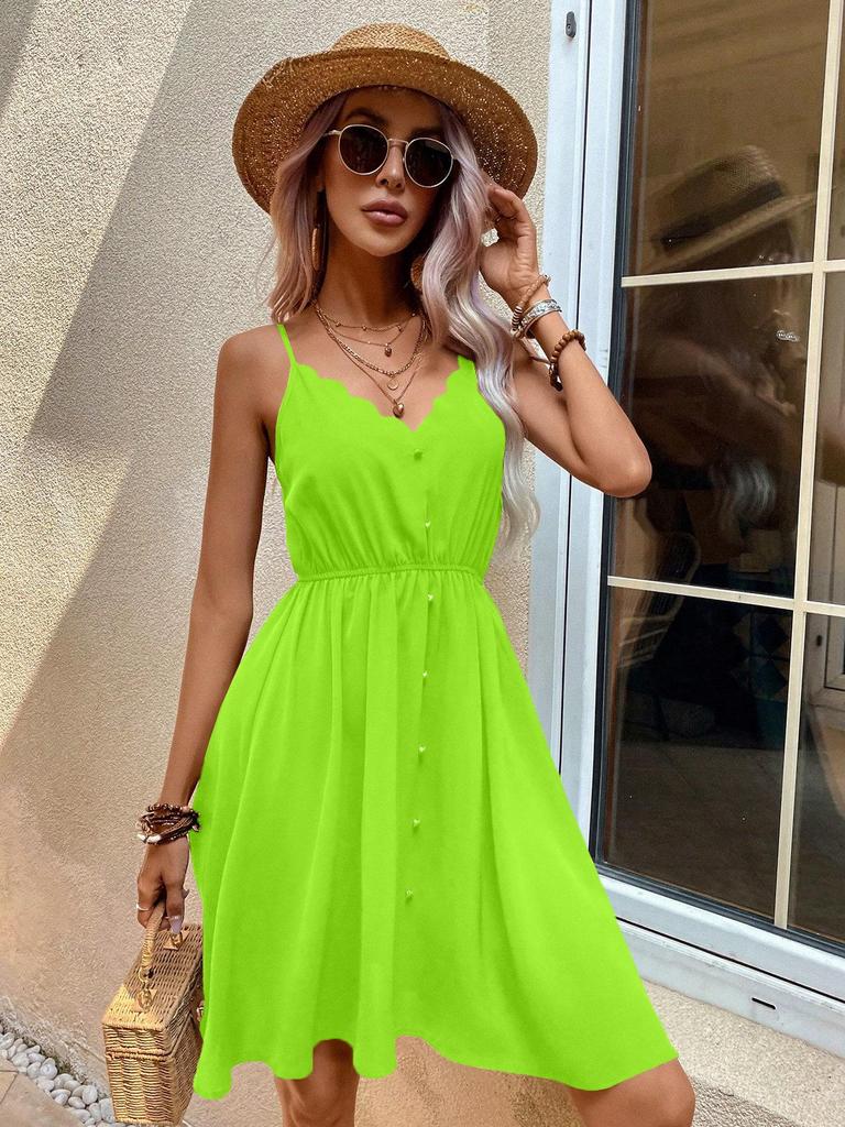 2026 V-neck Faux Button Spaghetti Strap Dress - Women's European & American Style with Lace Detailing, Comfortable & Casual