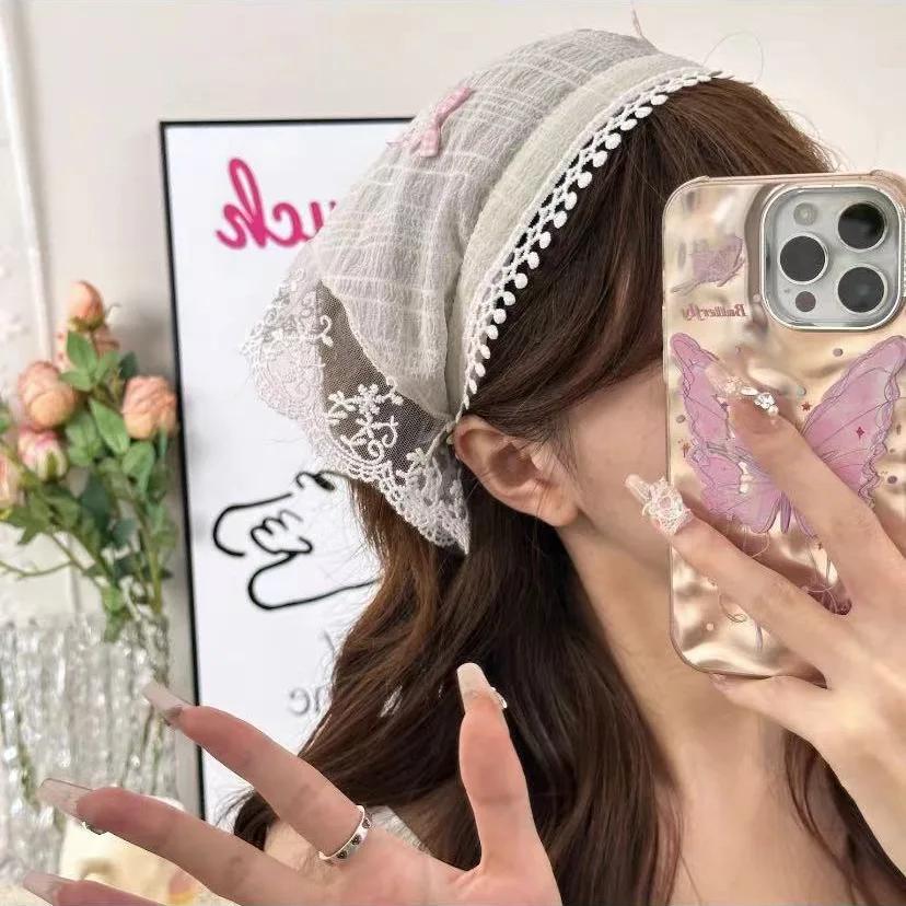 Red Woven Plaid Lace Hair Scarf Wraps Women Retro Triangle Headscarf Hat Travel Photo Headband Girl Hair Accessories