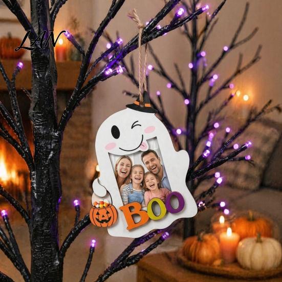 Halloween Home Wall Art Cute Ghost Wooden Photo Frame with Hanging Rope, Creative Theme Decor Picture for Holiday Party And Decoration