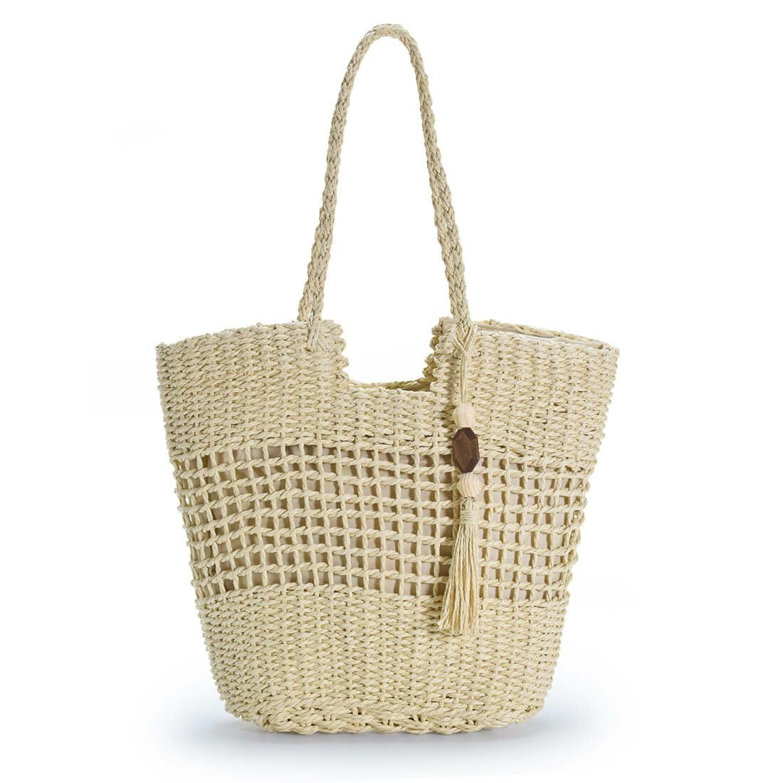 

Barcos Openwork Basket Bag, Designer Tote Bag, Durable Shoulder Bag for Women, Stylish with Charm, Beige