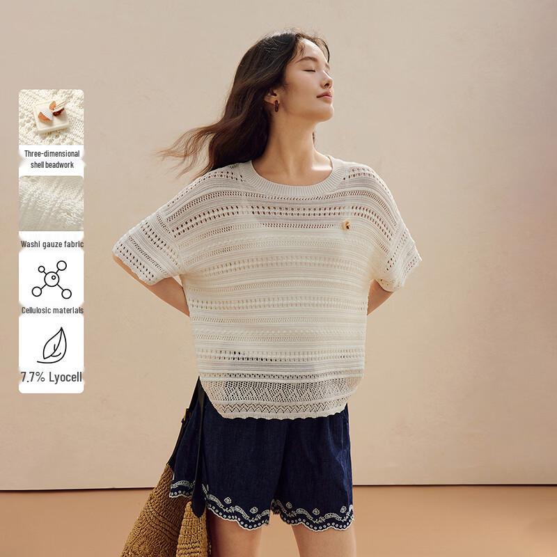 INMAN Women s Cool-Feel Hollow Crochet Knit Short Sleeve Top M