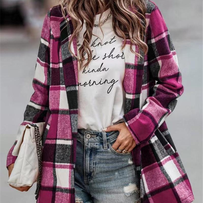 

GMXIA женские винтажные повседневные клетчатые принты, осенне-зимние шерстяные поло с карманами и длинными рукавами, свободные куртки и пальто с воротником 3XL розы красного