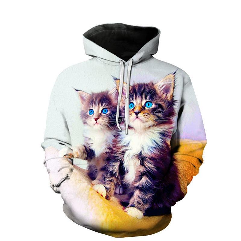Autumn 3D Cute Cat Printed Hoodies Fashionable Casual Sports Long Sleeved Men's Hooded Sweatshirts