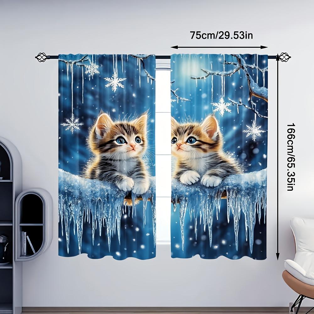 2 Pcs Starry Cats Curtains – Christmas Winter Scene Sheer Curtains for Living Room Bedroom Kitchen Dining Room Decor