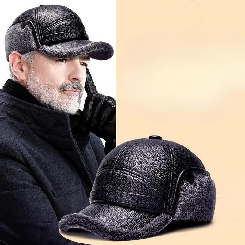 Men's New Winter Hat with Velvet Warm Daddy Leather Hat Middle Aged and Elderly People Windproof Ear Protection Baseball Cap