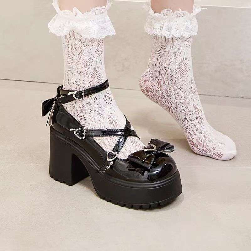 Mary Jane shoes women's autumn new thick heel lolita high heels bow small leather shoes platform heightening single shoes