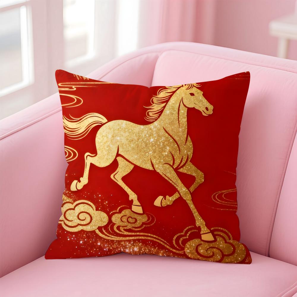 Lucky Chinese New Year Red Horse Art Cushion Cover Pillowcase Short Plush Invisible Zipper Room Sofa Cushion Cover