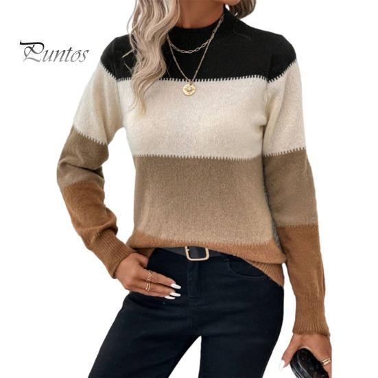 Crew Neck Women Sweater Knitting Tops Round Long Sleeve Color Blocked Knitted Tummy Cover Pullover Loose Hem H-Shaped Warm Casual Daily Wear H-shaped