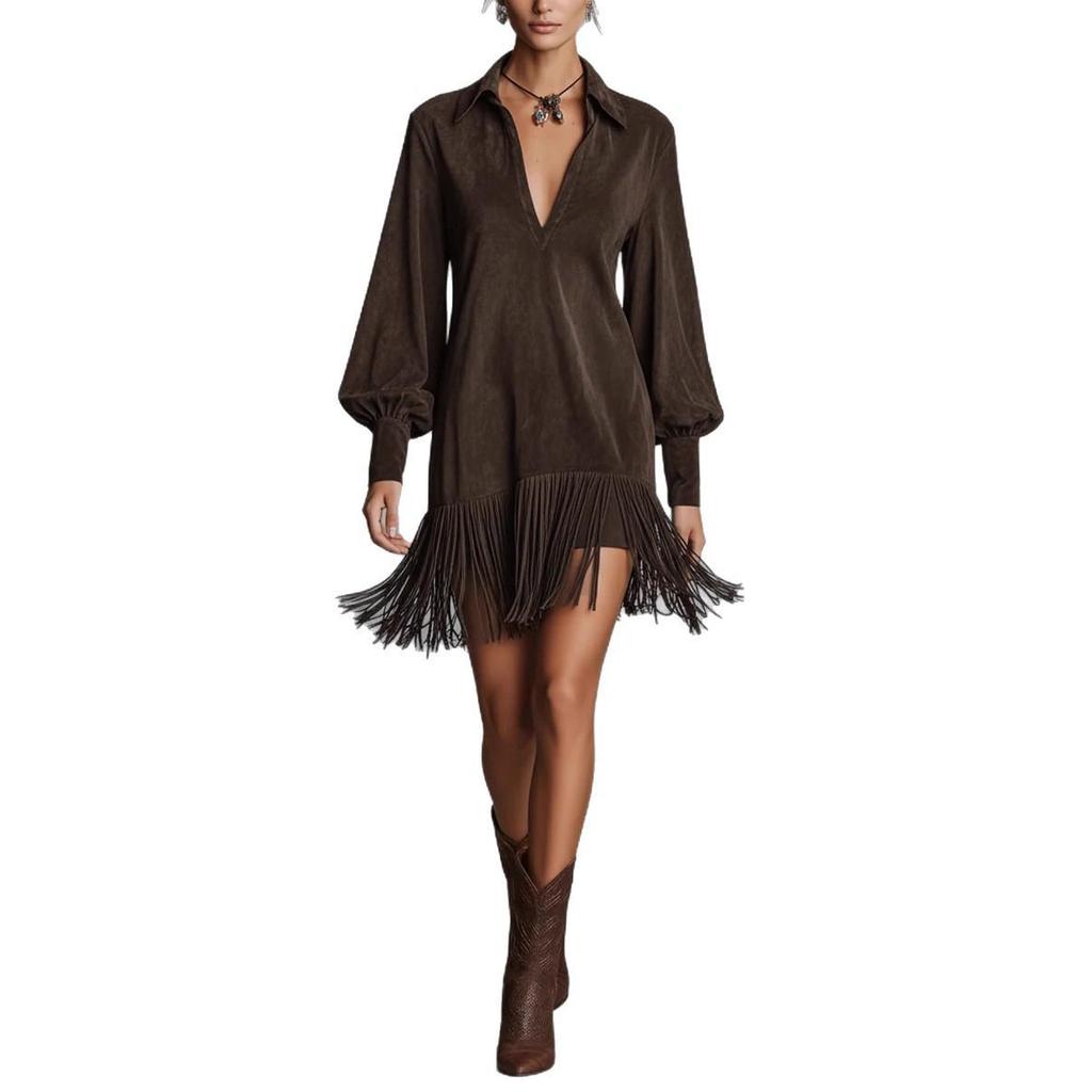 Western Cowboy Faux Suede Fringed Slim Fit V-Neck Dress for Women