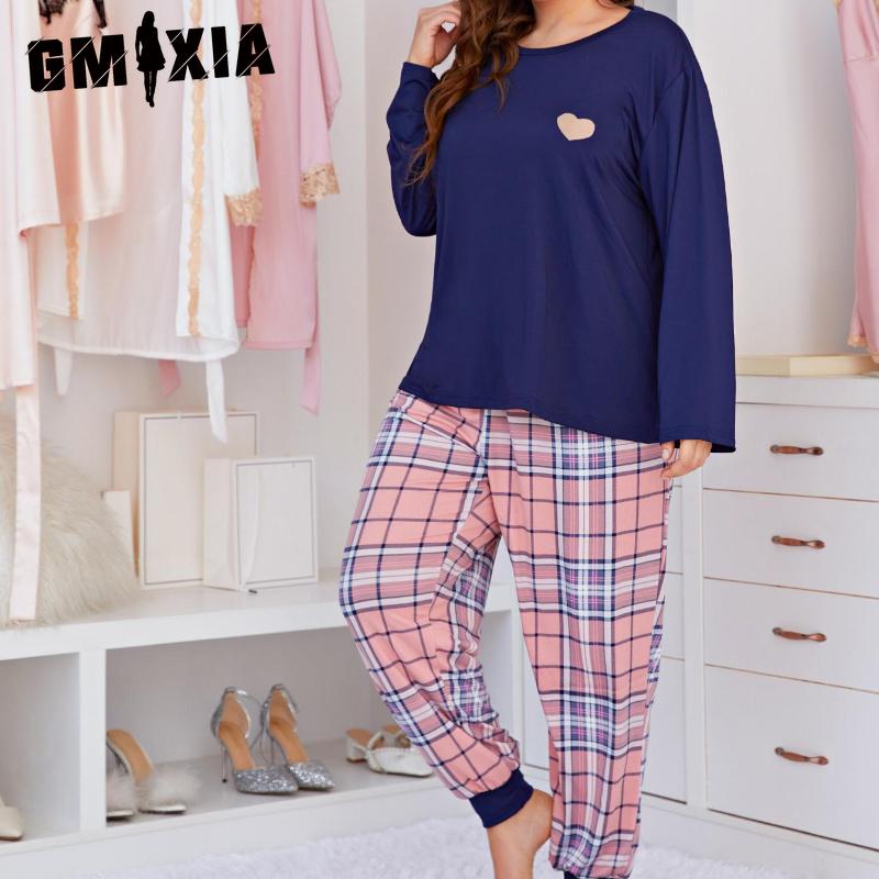 GMXIA Women's Pajamas Printed Large Size Long Sleeve Two Piece Homewear Set