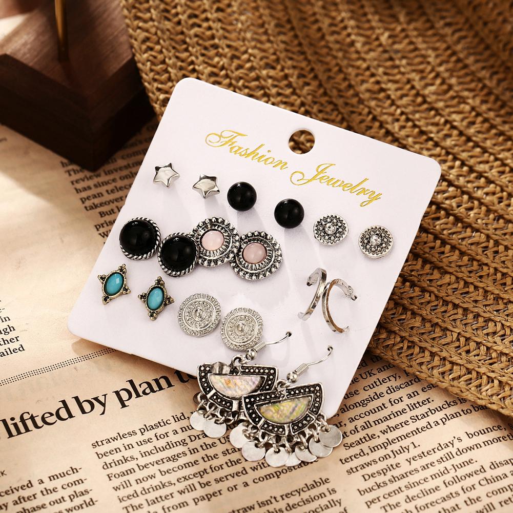 9Pairs/Set Women Retro Elegant Alloy Bright Fashion Earrings
