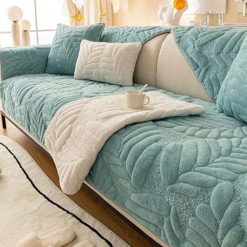 Thicken Short Plush Sofa Cover Living Room Leaves Jacquard Sofa Towel Anti-slip Solid Color Sofa Protector Slipcovers Removable