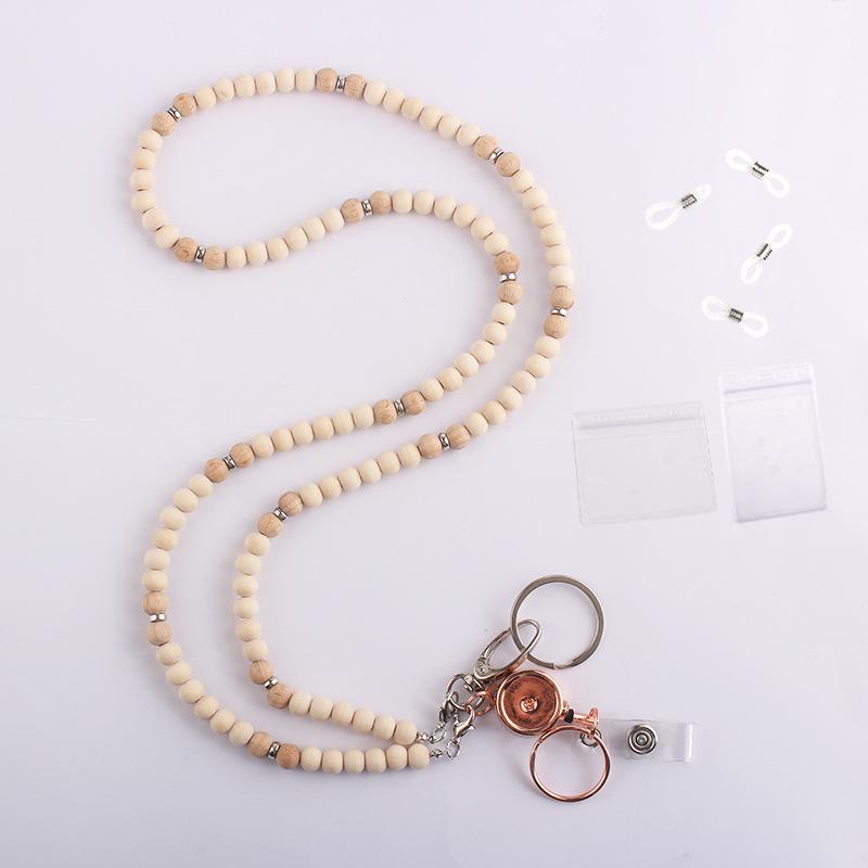Unisex Stretchable Wooden Bead ID Necklace with Easy-Pull Key Chain