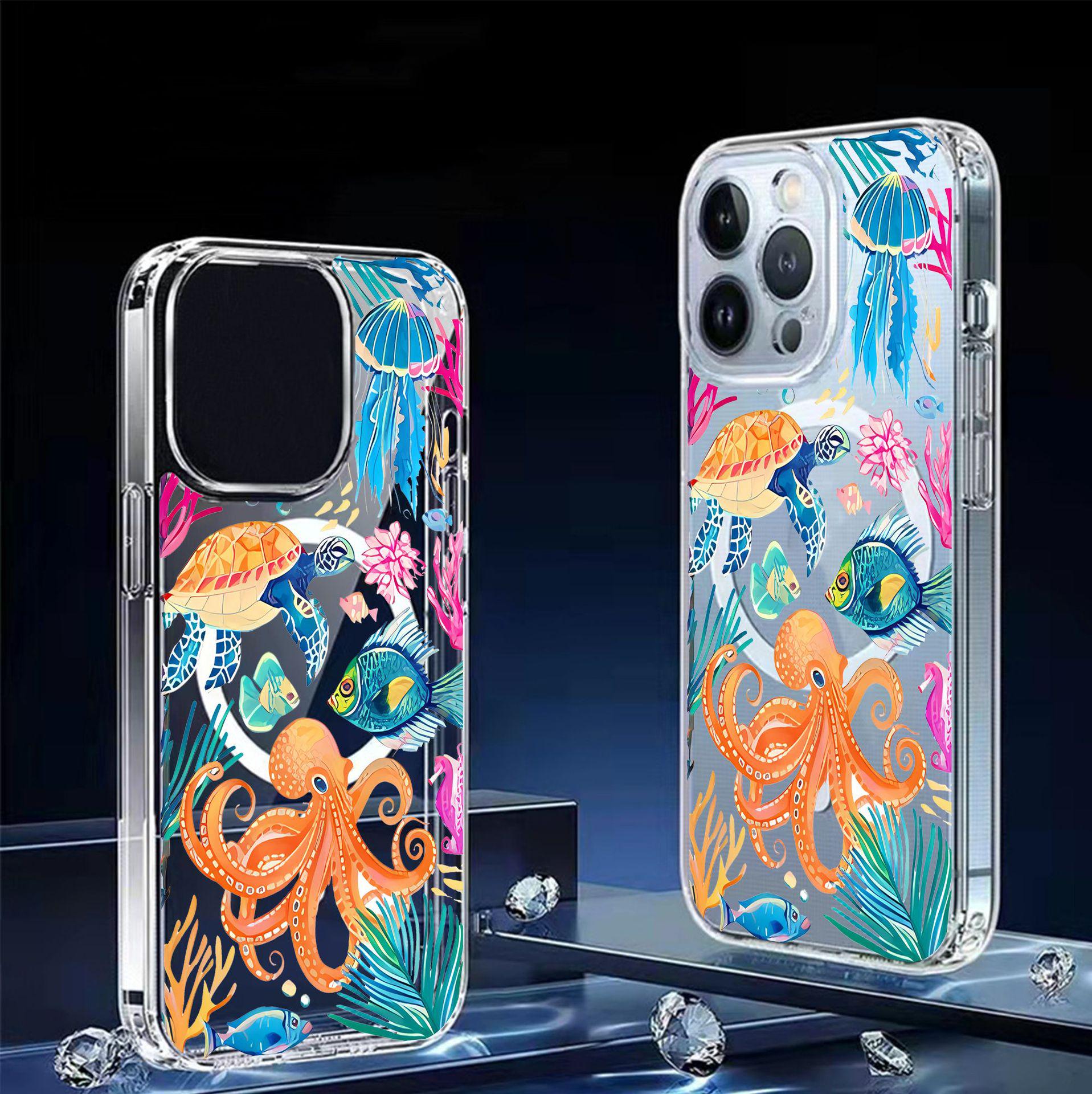 

Orange Octopus Magnetic Transparent Full Coverage Case for iPhone 15/16/17 Pro Max Galaxy S24 прозорий