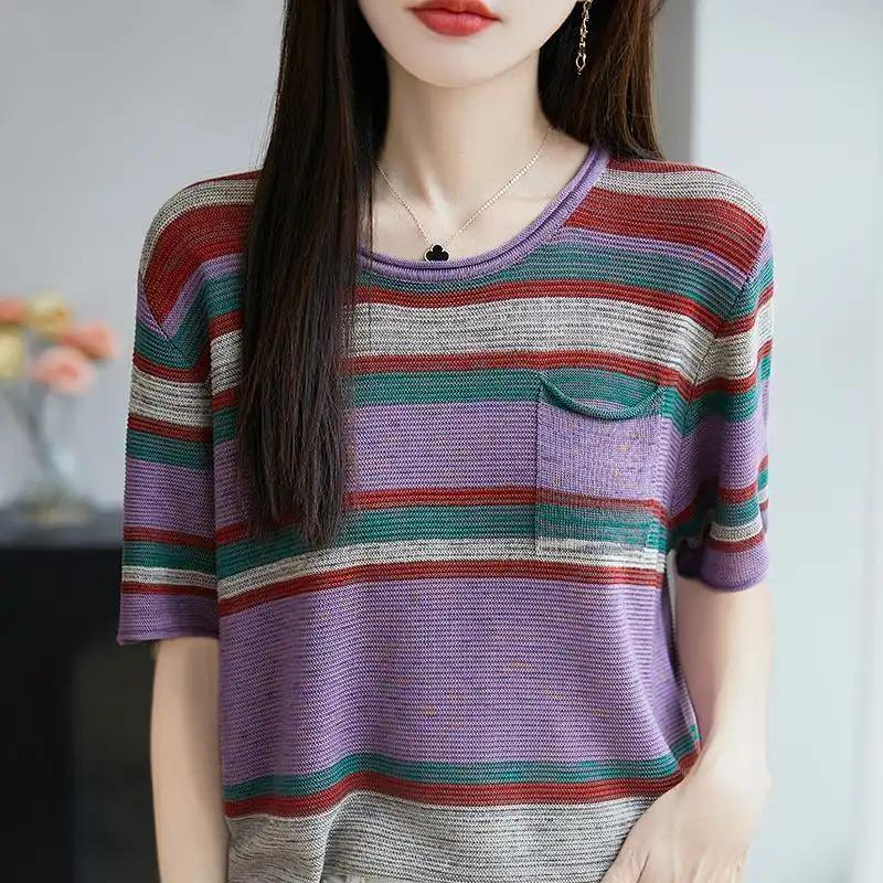 Spring New All Match Round Neck Contrasting Striped Knit Sweater, New Loose Short Sleeve Striped Garment Tops