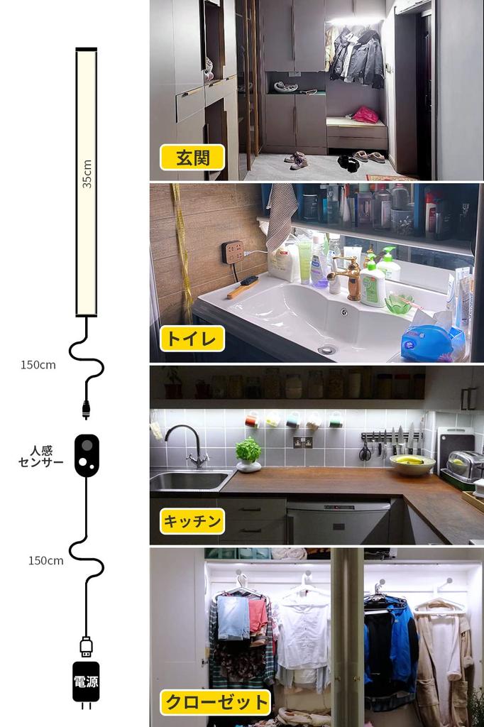 Indoor LED Sensor Light, Outlet, Motion Sensor [Separate Type, Timed Off], USB Powered, Stepless Dimming, Slim 35cm, Magnet, No Installation