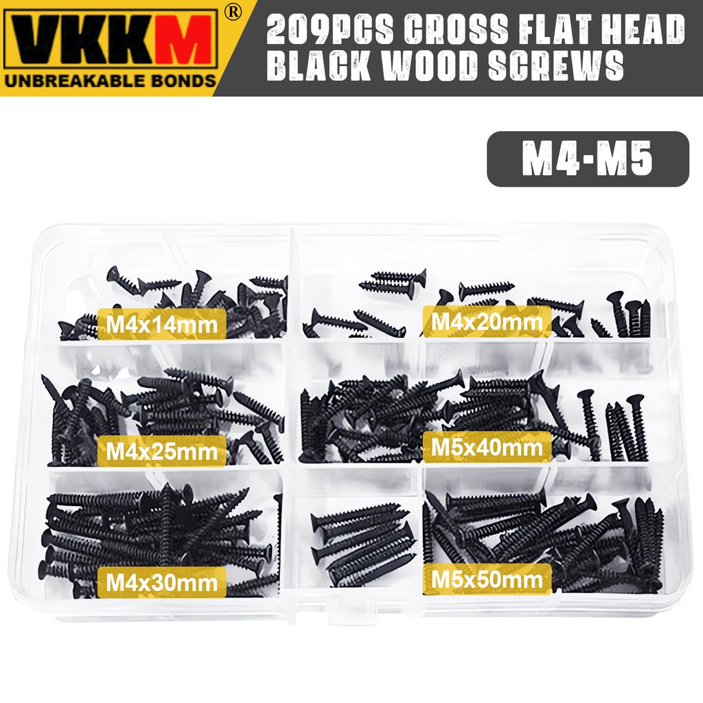 209Pcs Black Wood Screw Combination, M4M5 Cross Wood Screw Set