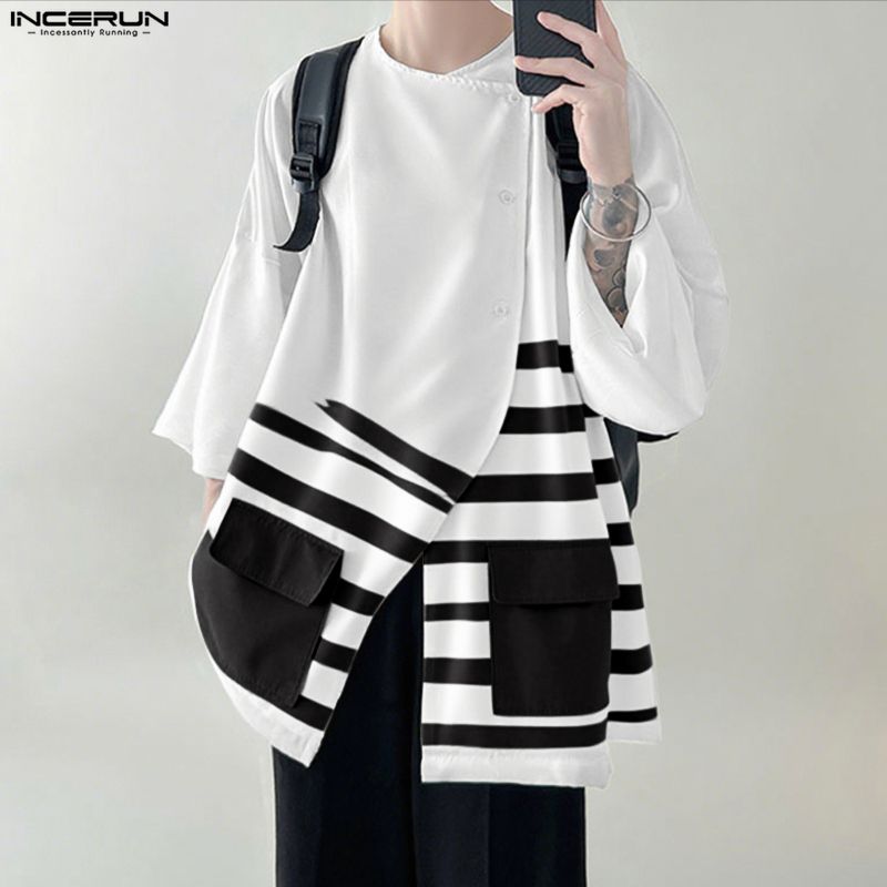 INCERUN Oversized Men Casual Loose 3/4 Sleeve Splits Irregular Front Cross Striped Print T-Shirts Tops