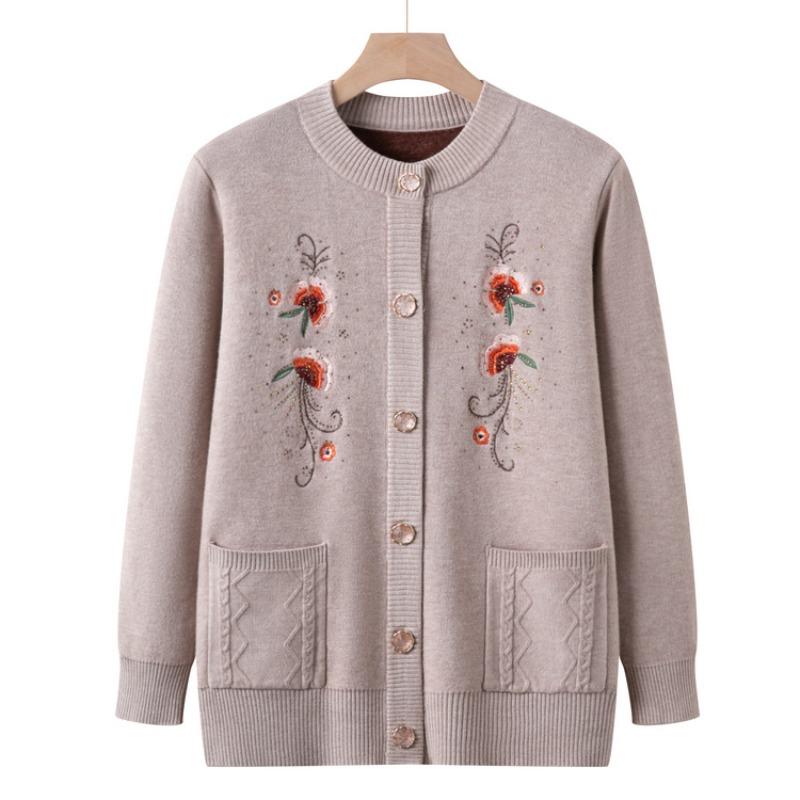 Grandma Sweater Women's Plush Thickened Knitted Sweater for the Elderly Autumn and Winter Embroidered Cardigan Mother Jacket for the Elderly