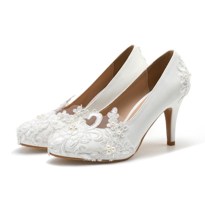 White round head high heels waterproof table stiletto pearl handmade lace flower women's single shoes wedding shoes 202543