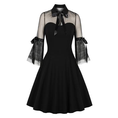 Women's Hollow Mesh Stitching Retro Lapel Three-quarter Sleeve Dress With Big Swing Skirt