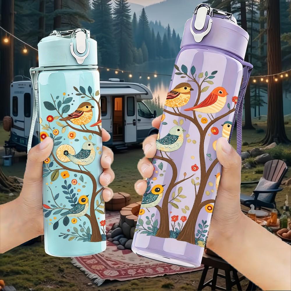 1PC Autumn Tree Bird Fall Scene Print 750ml Color Plastic Sports Water Bottle Leakproof Flip Straw Lid Suitable for Sports Office Home Use