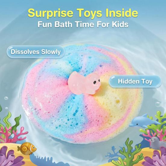 6Pcs Salt Bath Bombs with Toy Inside, Handmade Plants Extract Essential Oils Fizzies Balls, Dry Skin Moisturizing Shower Ball, Gift for Kids