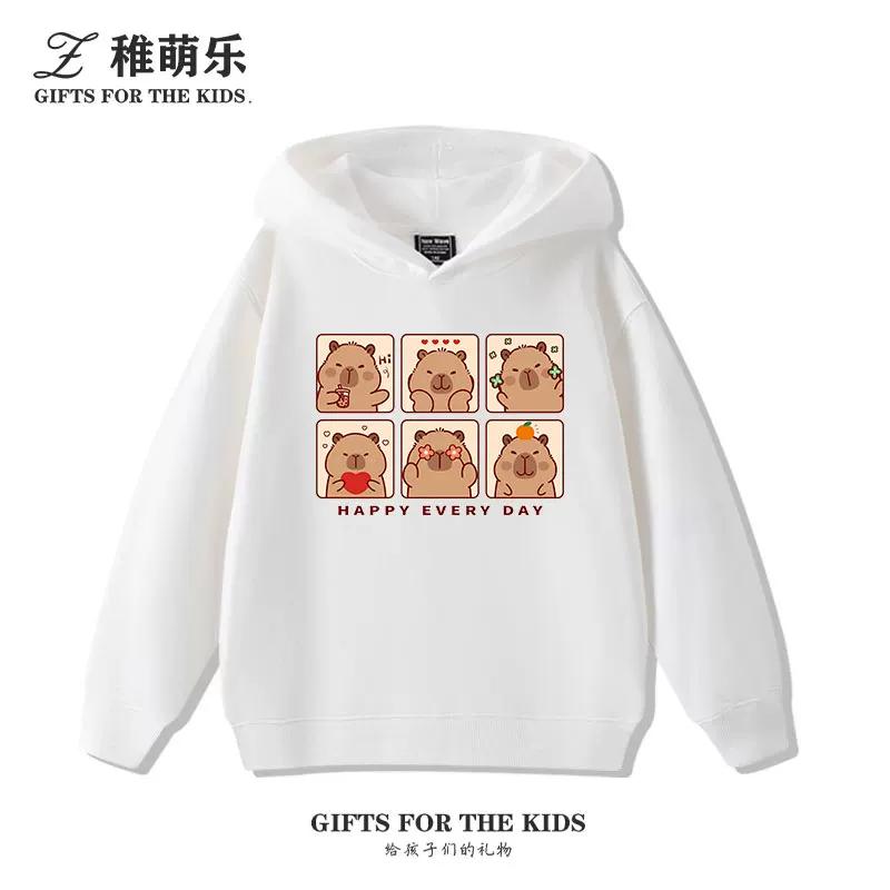 Sudadera con capucha infantil con estampado de capibara, otoño e invierno, para niños y niñas, forrada de felpa, versátil y a la moda.