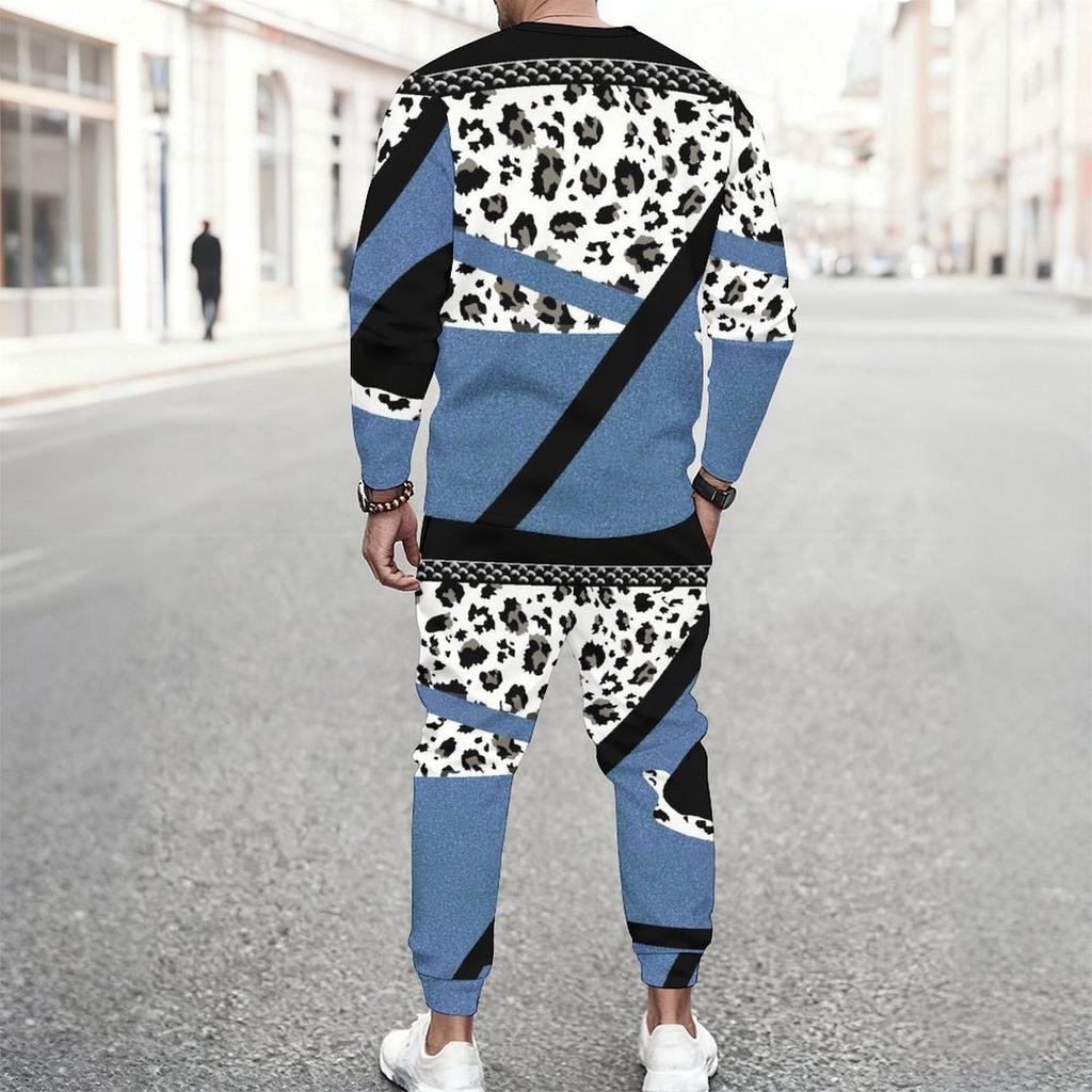 Men Retro Mosaic Hexagon Marble Texture Print Long Sleeve Sweatshirt Jogger Pants Two Piece Suit