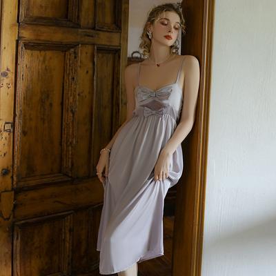 Unterwäsche Sommer Nachtkleid Schleife Süß Einfarbig Langer Rock Ärmellos V-Ausschnitt Sexy Pyjama für Damen
