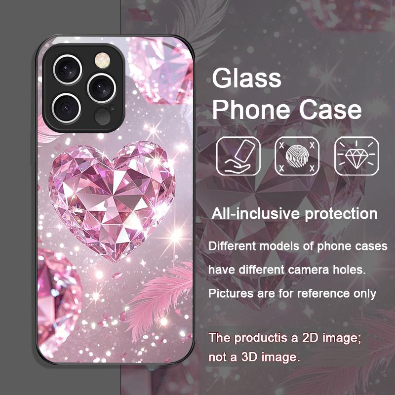 Stylish Pink Heart-Shaped Crystal Tempered Glass Phone Case for iPhone 17 16 Pro Max 15 14 13 12 11 Mini XS XR 7 8 14 Plus Cover