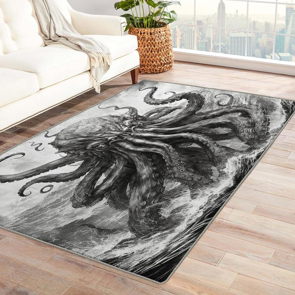 Sea Octopus Underwater World Watercolor Octopus Print Large Rug Modern Art Ocean Animals Decor Floor Mat Non-Slip Indoor Carpet