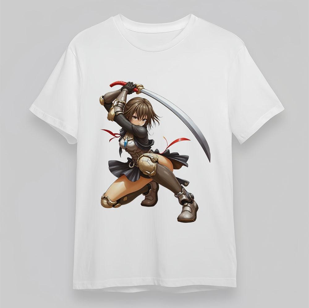 

Women s Comfy T-Shirt Anime Warrior Woman Red Blade Flowing Ribbon Tee Oversize 4XL