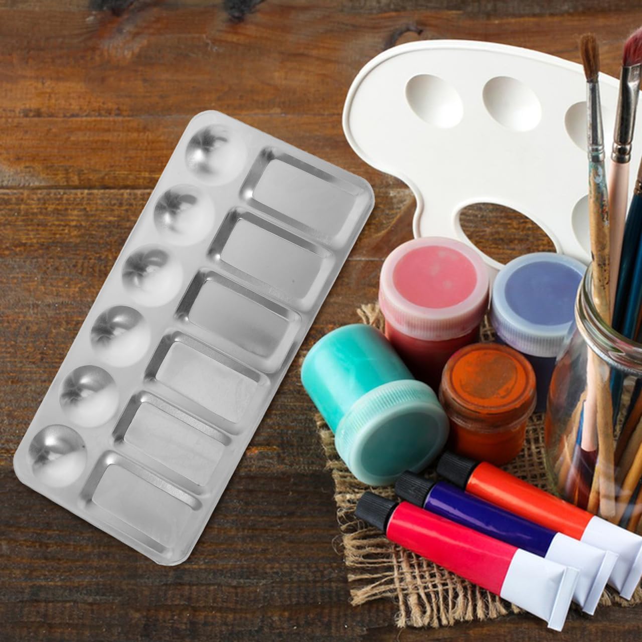 

2pcs Stainless Steel Palette Watercolor Pigment Trays Color Mixing Plates Makeup Mixing Palette Watercolor Drawing Paint Trays Metal Pigment Plates