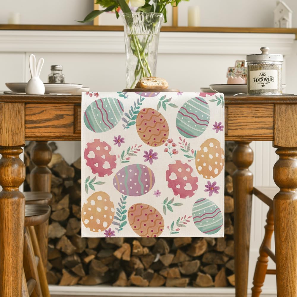 Artoid Mode Watercolour Easter Eggs Table Runner, Seasonal Spring Kitchen Dining Table Decoration for Home Party Decor 13x72 Inch