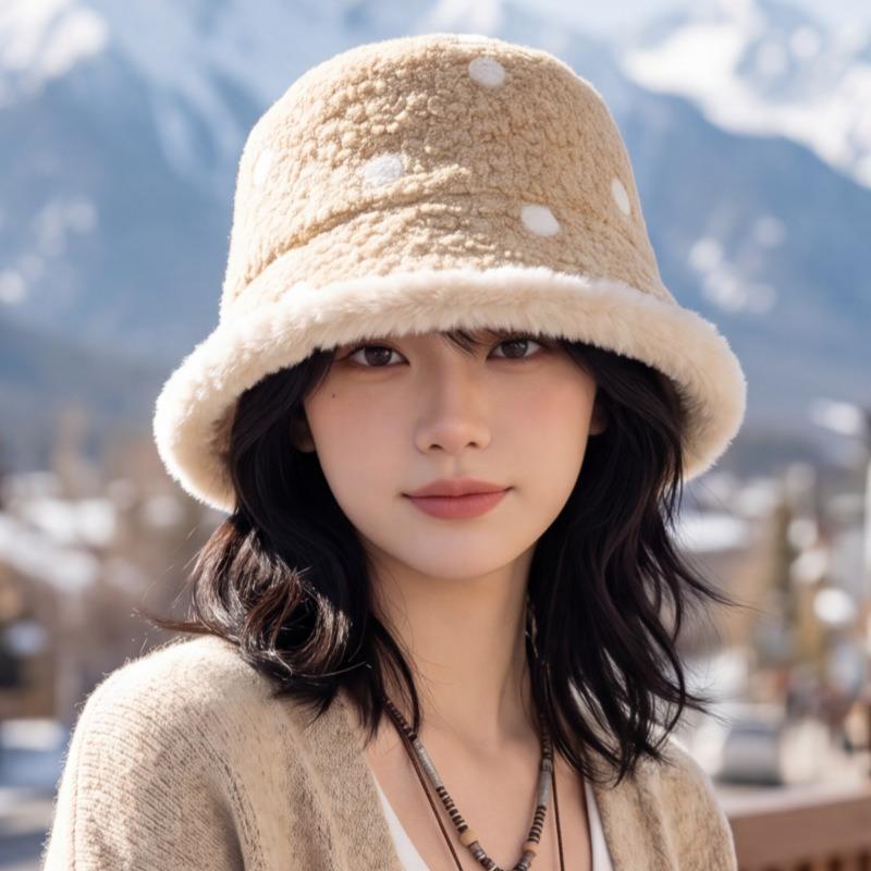 Women S Warm Fleece Knit Bucket Hat Polka Dot Korean Style Fashionable Hat