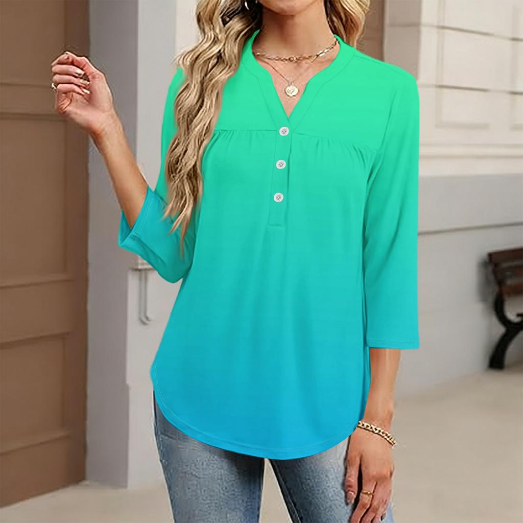 Women's Fashionable Casual Color Block Gradient Print V-Neck Button Three-Quarter Sleeve T-Shirt Top