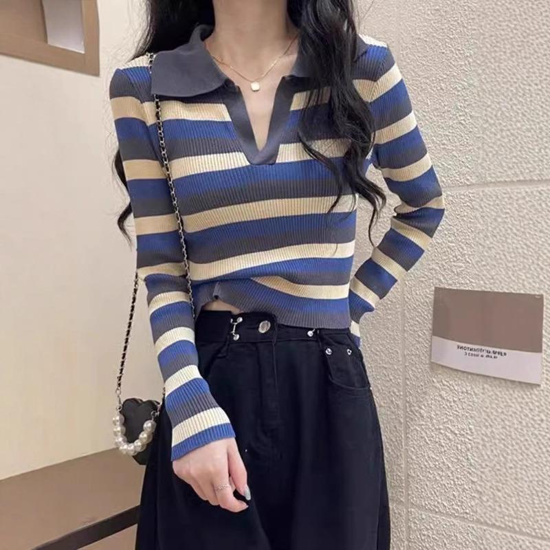 Lo lapel striped knitted sweater women's early autumn new thin short long-sleeved top
