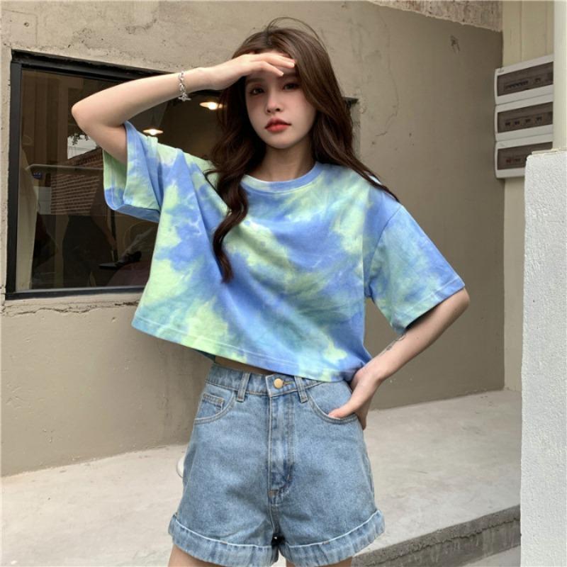 Women's Summer American Retro Tie-dye Short-sleeved T-shirt Thin Design Niche High-waisted Short Revealing Tops