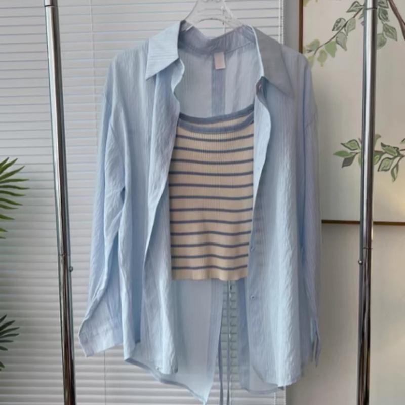 New Style 2 PCS Sun Protection Shirt +vest Women's Loose Thin Outerwear Summer 2026 New Style Slimming Trendy Collar Long Sleeve