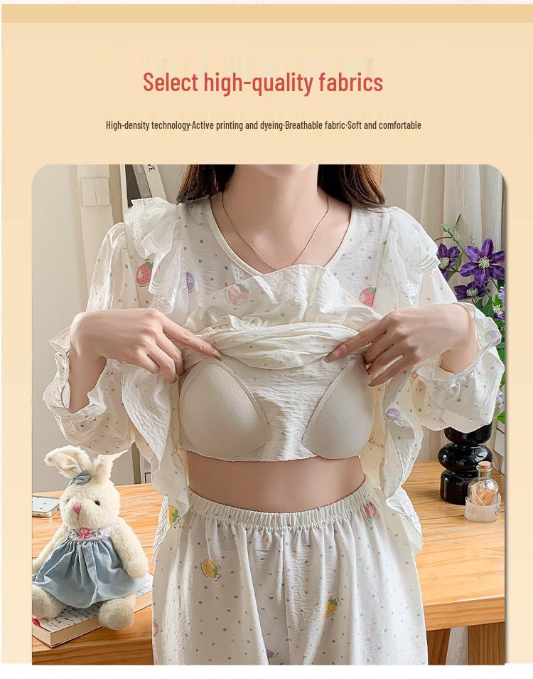 Women's Princess Style Cotton Pajama Set with Padded Bust - Lace Trim Long Sleeve for Spring/Autumn