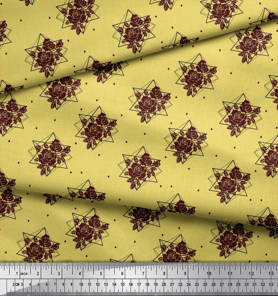 Soimoi Green Poly Crepe Fabric Geometric & Rose Floral Printed Fabric 1 Yard 42 Inch