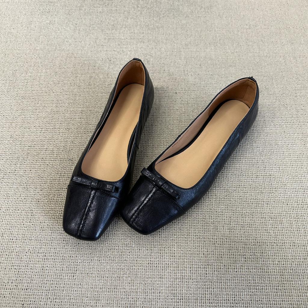 Sheepskin version~ French square head bow flat shoes shallow mouth one pedal single shoes commuting shoes femininity grandma shoes