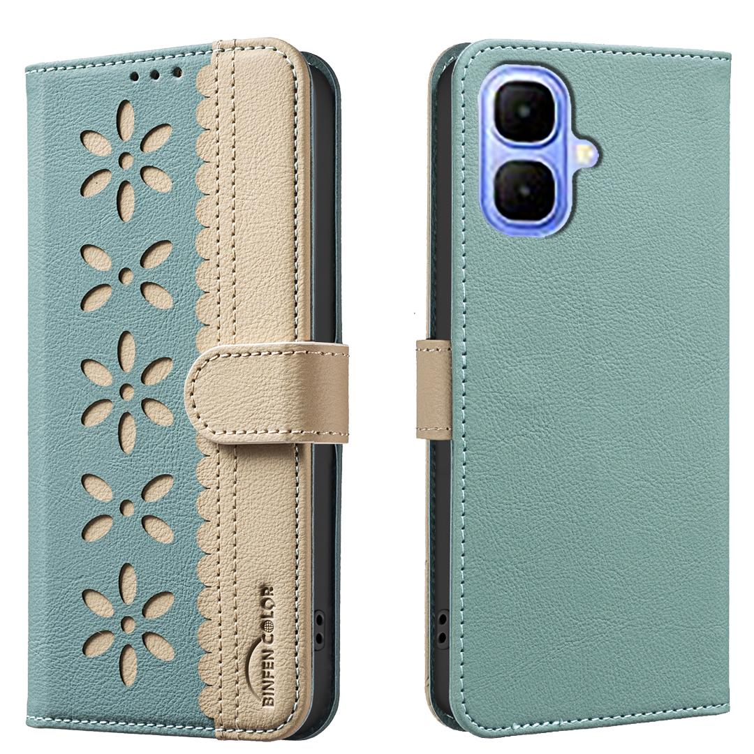 

For TECNO Pop 10/Infinix Smart 10 Leather Case BINFEN COLOR BF36 Floral Pattern Phone Cover RFID Blocking Wallet Stand Green