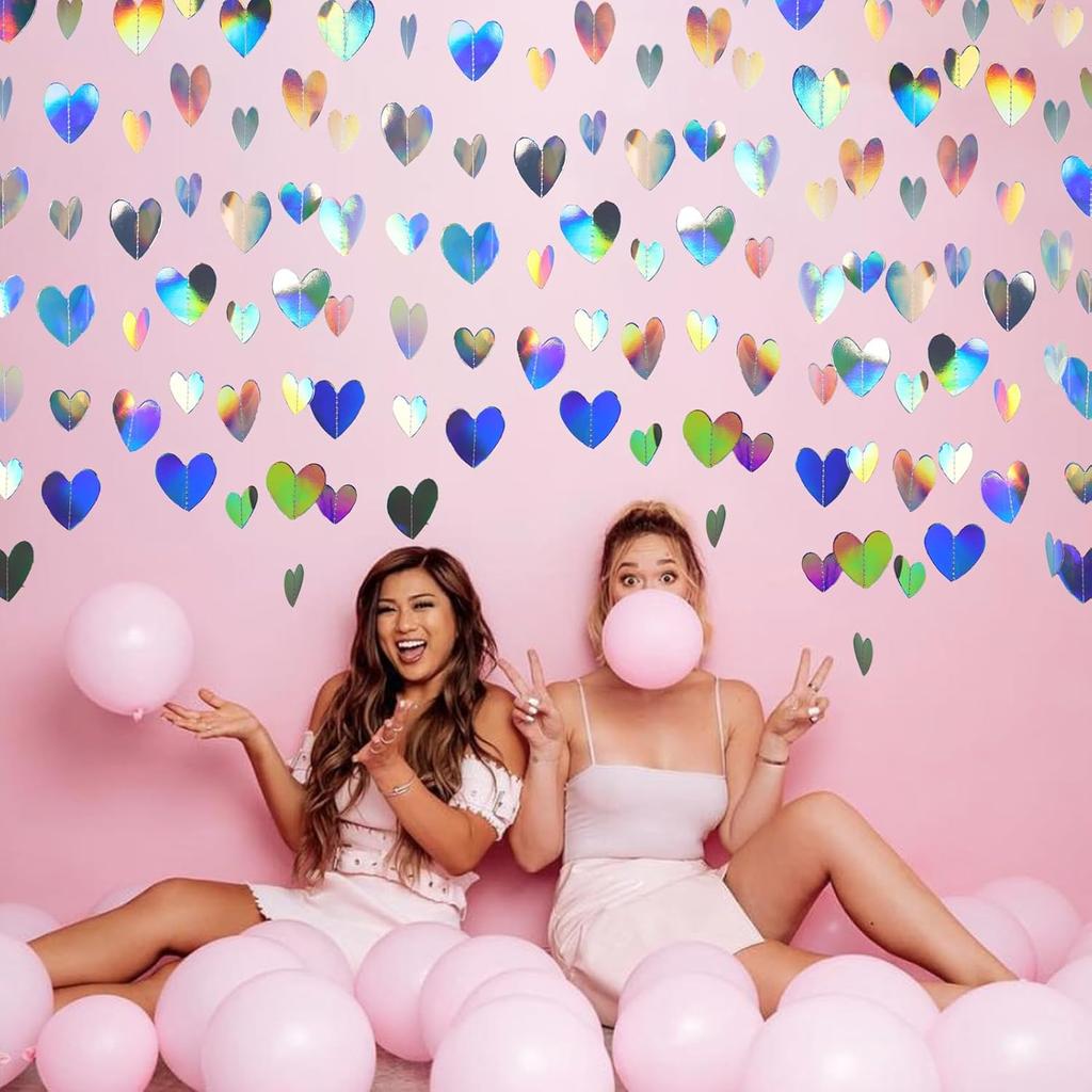 200 Pcs Iridescent Heart-52 FT Garland Party-Decorations Streamers Banner - Disco Kpop Birthday Holiday Girls Dancing Queen Princess Bachelorette