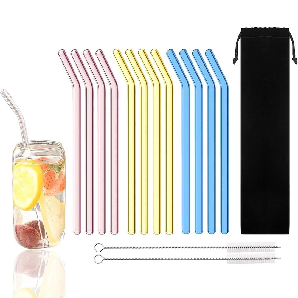 15Pcs Reusable Glass Drinking Straw Set with Brush High Borosilicate Glass Straws for Smoothies Cocktails Party Bar Accessories