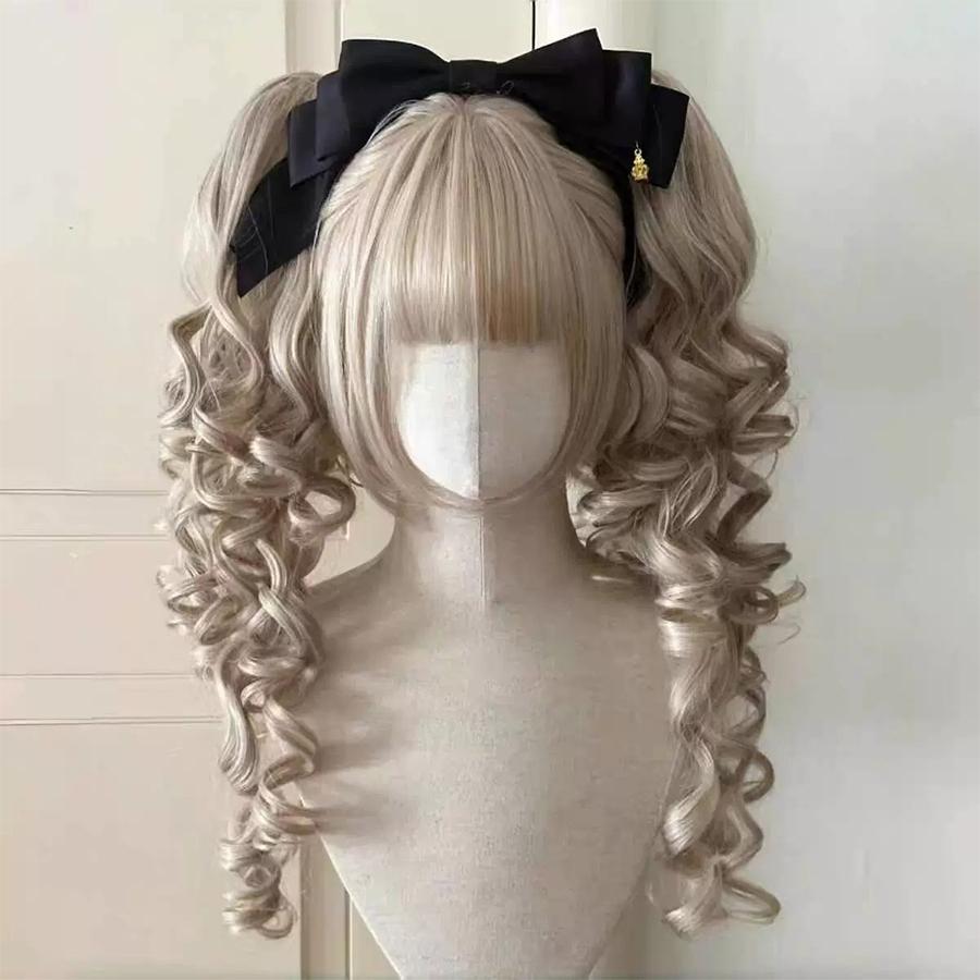Roman Curly Synthetic Lolita Curly Hair With Bangs Golden Anime Wig Oberl Woman Party Cosplay Wig